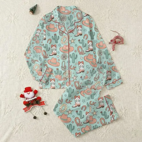 Women's Playful Hand-Drawn Western Robin's Egg Blue Peach Cowboy Boot Cactus Pattern Satin Pajamas Set