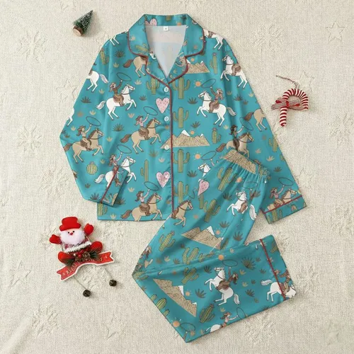 Women's Whimsical Desert Rodeo Cowgirls & Cowboys Galloping Horses Cyan Blue Saguaro & Heart Cacti Satin Pajamas Set