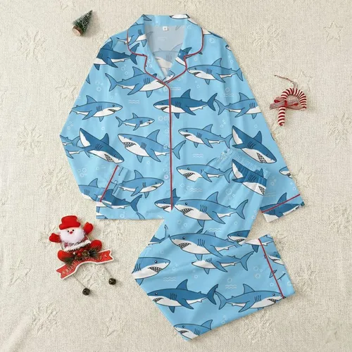 Women's Vibrant Cartoon Great White Reef Shark Ocean Blue & White Marine Pattern Satin Pajamas Set
