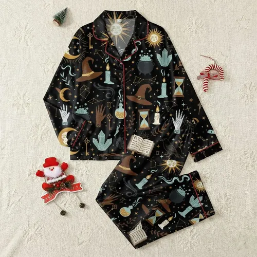 Women's Mystical Golden Moon Sun Teal Crystal Raven Black Arcane Vintage Pattern Satin Pajamas Set