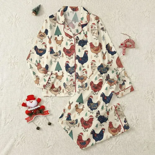 Women's Whimsical Hand-Drawn Christmas Chicken Rooster Festive Red Green Blue Cream Pattern Satin Pajamas Set