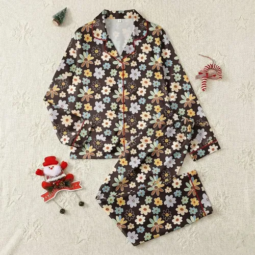 Women's Whimsical Illustrative Floral Scatter Pattern in Cream, Beige, Soft Blues, Mint, Lavender on Deep Brown Satin Pajamas Set