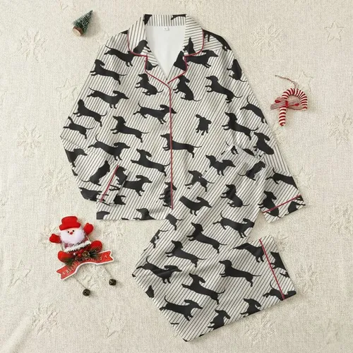Women's Off-White Black Thin Stripe Playful Dachshund Silhouette Pattern Satin Pajamas Set