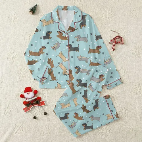 Dachshund Lovers' Whimsical Cartoon Dachshunds Sky Blue Polka Dot Pattern with Sunglasses and Bow Ties Satin Pajamas Set