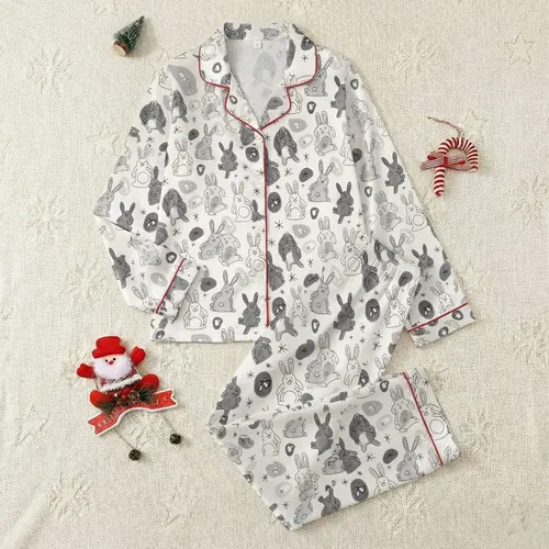 Men's Whimsical Charcoal Grey Hand-Drawn Bunny Abstract Doodle Cream Pattern Satin Pajamas Set
