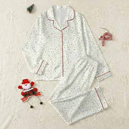 Women's Soft Cream Hand-Drawn Pastel Scattered Hearts Stars Dots Subtle Grid Accents Satin Pajamas Set