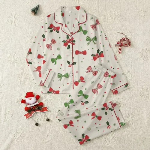 Women's Cheerful Illustrative Festive Bows & Holly Scatter Pattern in Scarlet, Emerald, Off-White Satin Pajamas Set