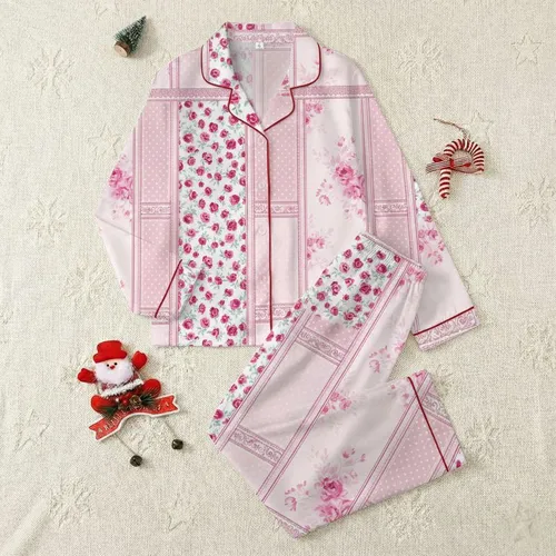 Women's Shabby Chic Fuchsia Rose Pastel Floral Panel Patchwork with Lace Scrollwork Satin Pajamas Set