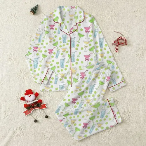 Party Lovers' Whimsical Hot Pink Martini Lime Green Margarita Yellow Coupe Blue Highball Cocktail Pattern Satin Pajamas Set