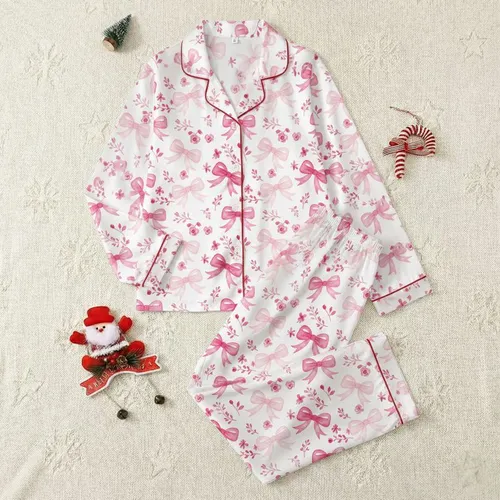 Women's Whimsical Pink Fuchsia Watercolor Bow & Rosebud Sprig All-Over Pattern on White Satin Pajamas Set