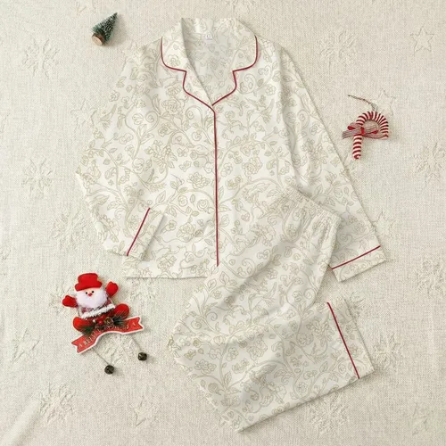 Women's Off-White Antique Gold Olive Brown Botanical Scrollwork Cranes Deer Pattern Satin Pajamas Set