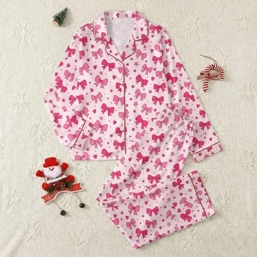 Women's Light Baby Pink Whimsical Fuchsia Bows Hearts Stars Flat Graphic Pattern with Maroon Outlines Satin Pajamas Set