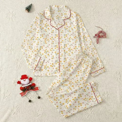 Women's Creamy Off-White Hand-Drawn Scattered Yellow & Peachy-Pink Wildflower Pattern Satin Pajamas Set