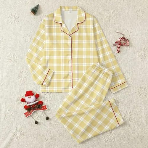 Women's Delicate Pale Daffodil Yellow & White Gingham with Lemon Grid Pattern Satin Pajamas Set