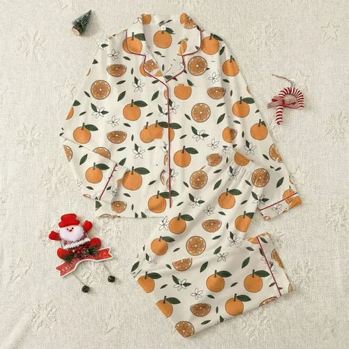 Women's Cream Minimalist Illustrative Tangerine Orange Green Citrus Blossom Pattern Satin Pajamas Set