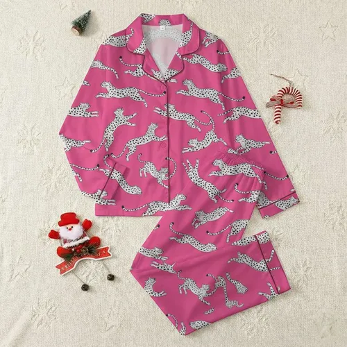 Women's Vivid Hot Pink Playful Hand-Drawn Dynamic Leaping Grey White Leopard Spot Pattern Satin Pajamas Set
