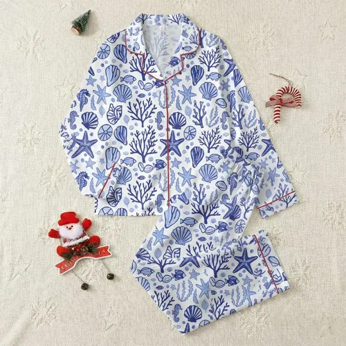 Women's White Indigo Sky Blue Marine Starfish Seashell Coral Linocut Print Satin Pajamas Set