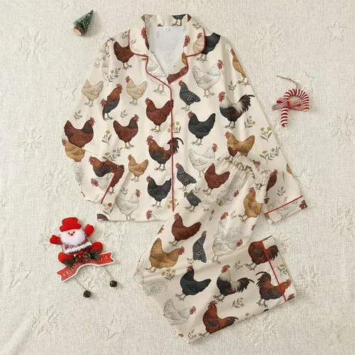Farm Animal Enthusiasts' Vintage Illustrated Heritage Chicken & Rooster Pattern in Warm Hues & Wildflowers Satin Pajamas Set