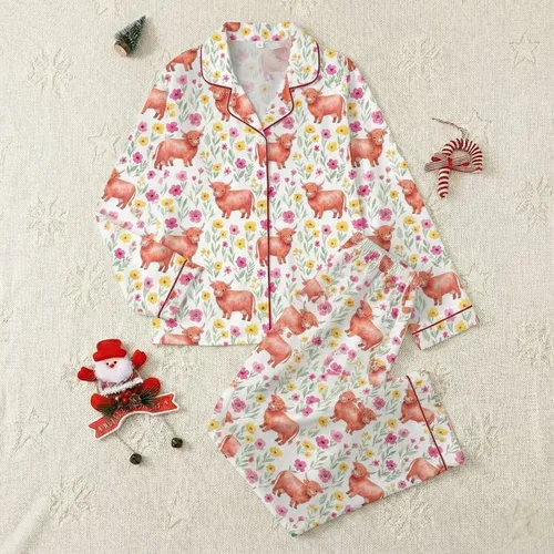 Women's Whimsical Watercolor Highland Cow Wildflower Coral Fuchsia Yellow Mint Tapestry Satin Pajamas Set