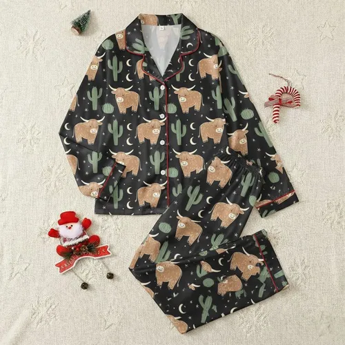 Women's Whimsical Deep Charcoal Night, Highland Cows & Sage Cacti Pattern with Cream Accents Satin Pajamas Set