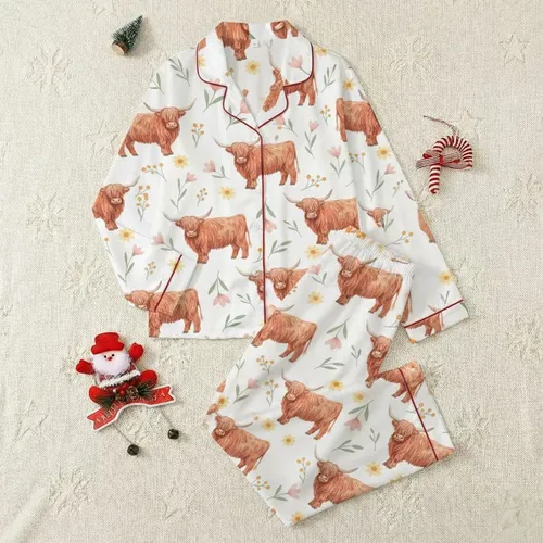 Nature & Animal Lovers' Whimsical Watercolor Highland Cow Terracotta Blush Pink Wildflower Pattern Satin Pajamas Set