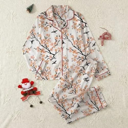 Women's Hand-Drawn White Peach Orange Cherry Blossom & Charcoal Crane Oriental Nature Design Satin Pajamas Set