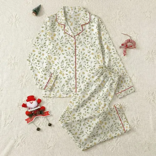 Women's Delicate Hand-Drawn Botanical: Muted Olive Green Leaves & Pale Yellow Daisy Print Satin Pajamas Set