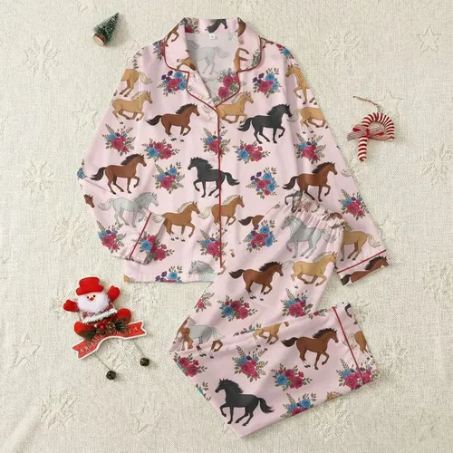 Girls' Whimsical Galloping Horses Wildflowers Chestnut Fuchsia Pink Design Satin Pajamas Set
