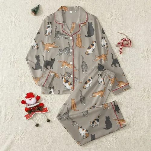 Women's Muted Beige-Taupe Seamless Scatter Pattern with Illustrative Hand-Drawn Ginger, Calico & Tuxedo Cats Satin Pajamas Set