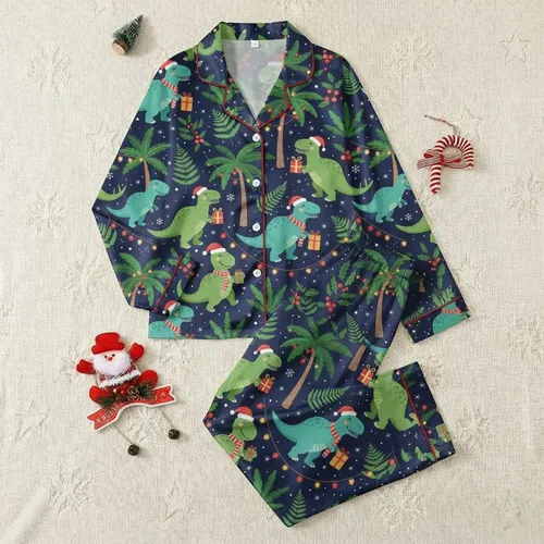 Women's Whimsical Navy Blue Dinosaurs Christmas Teal Green Red Holly Palm Tree Pattern Satin Pajamas Set