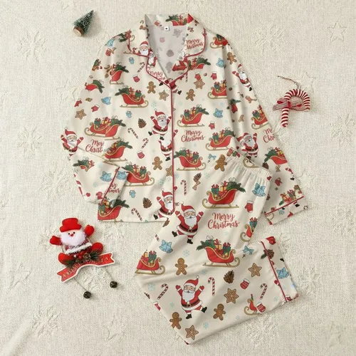 Holiday Enthusiasts' Whimsical Santa Sleigh & Gingerbread Pattern with Red, Green, Blue on Cream Satin Pajamas Set