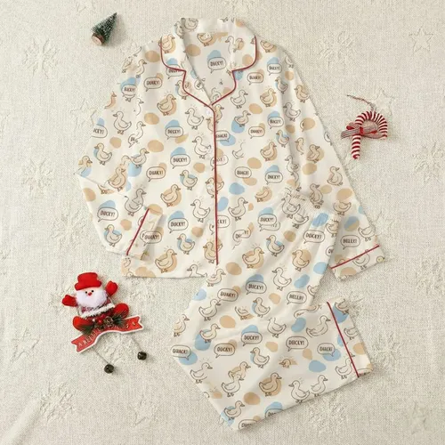 Women's Whimsical Cartoon Duck Speech Bubble Print with Soft Sky Blue & Muted Tan Blobs Satin Pajamas Set