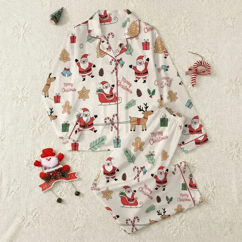 Women's Whimsical Hand-Drawn Cream Christmas Santa Sleigh Gingerbread Candy Cane Pattern Satin Pajamas Set