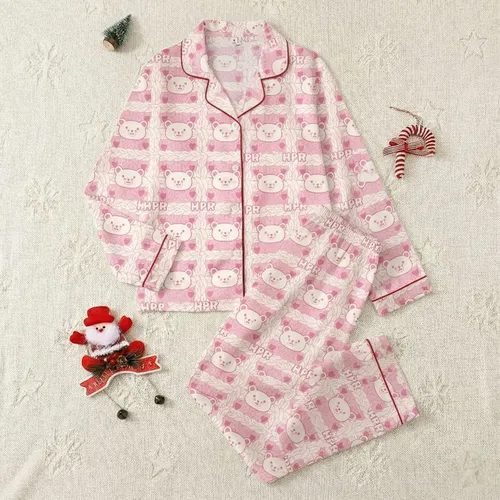 Women's Sweet Pastel Pink Creamy Off-White Cable Knit Bear Hearts Happy Text Pattern Satin Pajamas Set