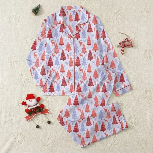 Folk Art Christmas Forest: Coral Red Periwinkle Hand-Drawn Deer & Snowflakes Satin Pajamas Set