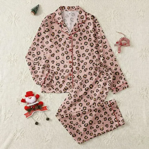 Women's Soft Pastel Pink Minimalist Leopard Spot Pattern Black Outline & Brown Tan Fill Satin Pajamas Set