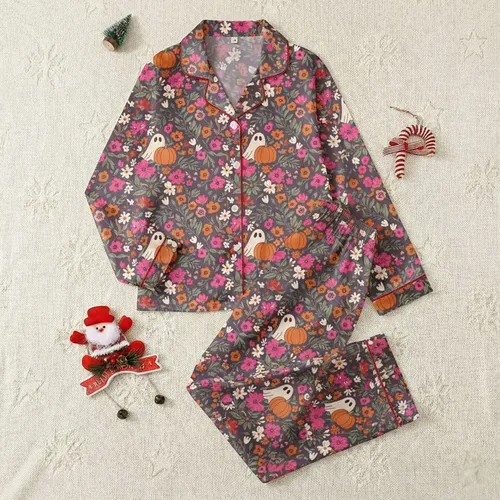 Whimsical Halloween Design: Dusty Plum Botanical Pattern with Friendly Ghosts, Pink Blooms & Orange Pumpkins Satin Pajamas Set
