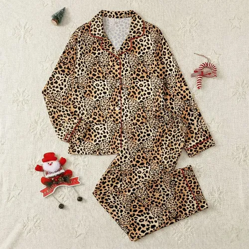 Women's Illustrative Warm Brown Tan Leopard Print with Stylized Cohesive Bow Pattern Satin Pajamas Set