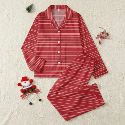 Sophisticated Style: Deep Crimson & Off-White Varied Horizontal Stripes Statement Piece Satin Pajamas Set