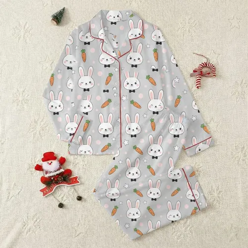Women's Muted Grey Charming Bunny Carrot Star Pastel Pink Polka Dot Pattern Satin Pajamas Set
