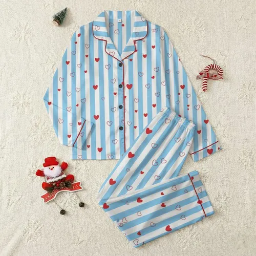 Dreamy Sky Light Blue White Striped Red Heart Motifs Design Satin Pajamas Set