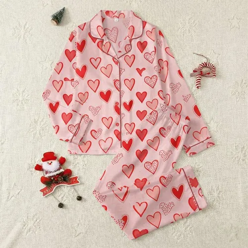 Women's Whimsical Scattered Vibrant Red Hearts with Outline & Dotted Texture on Blush Satin Pajamas Set