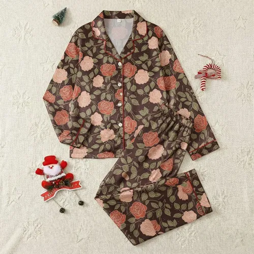 Women's Luxurious Chocolate Brown Botanical Rose Peach Blush Olive Green Foliage Cream Line Art Satin Pajamas Set
