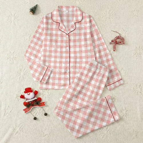 Women's Petite Light Coral Pink Gingham, Cream Floral Hearts Wearable Art Satin Pajamas Set