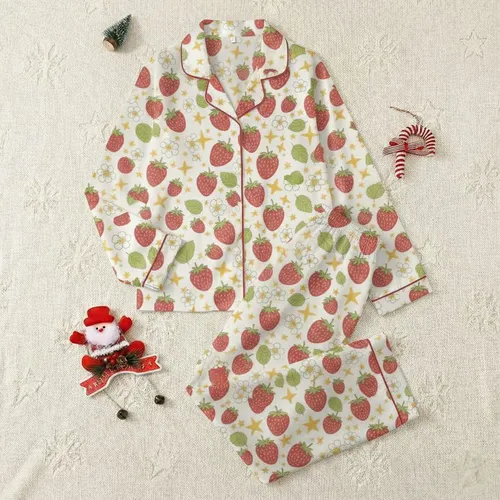 Sweetheart's Whimsical Strawberry Stars: Playful Berry Blossom Pattern on Creamy White Satin Pajamas Set