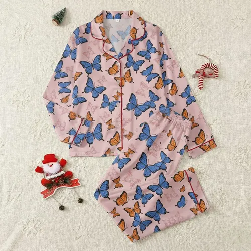 Pastel Pink Butterfly Lovers: Dynamic Orange & Royal Blue Flutter Pattern Fashion Piece Satin Pajamas Set