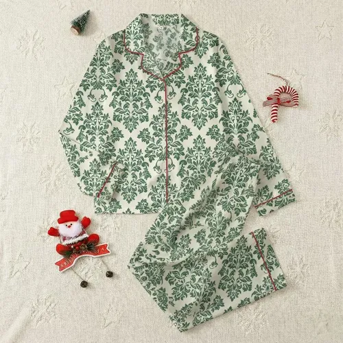 Women's Intricate Deep Forest Green Beige Traditional Damask Acanthus Leaf Scroll Pattern Satin Pajamas Set