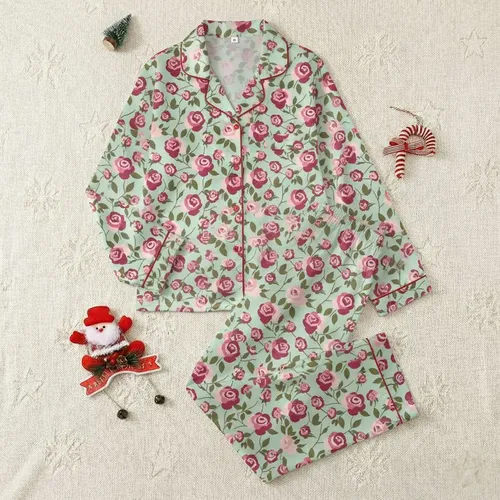 Women's Classic Illustrative Flat Art Pink & Crimson Rose Pattern with Olive Leaves on Mint Green Satin Pajamas Set
