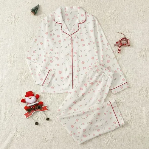 Women's Dainty Pastel Pink Rose & Sage Leaf Botanical Print Satin Pajamas Set