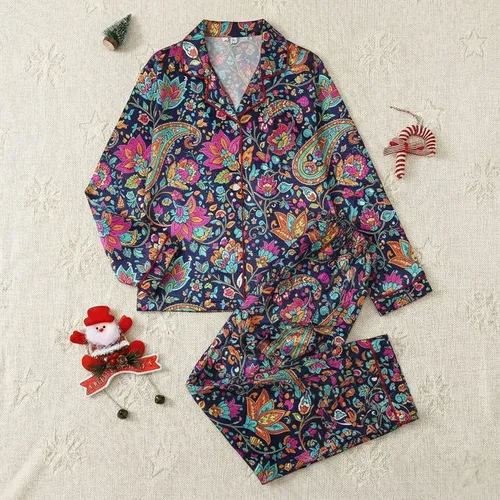 Women's Vibrant Jewel-Tone Indian Paisley Floral Scroll Pattern on Navy Satin Pajamas Set